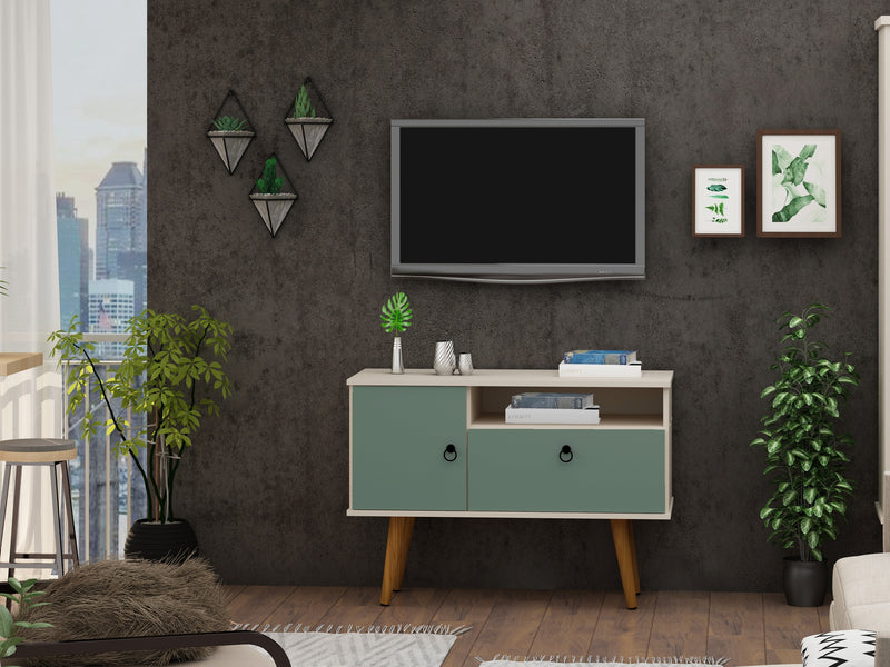Manhattan Comfort Tribeca 35.43\" Mid-Century Modern TV Stand with Solid Wood Legs - Off White & Green Mint