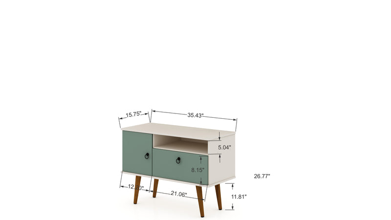Manhattan Comfort Tribeca 35.43\" Mid-Century Modern TV Stand with Solid Wood Legs - Off White & Green Mint