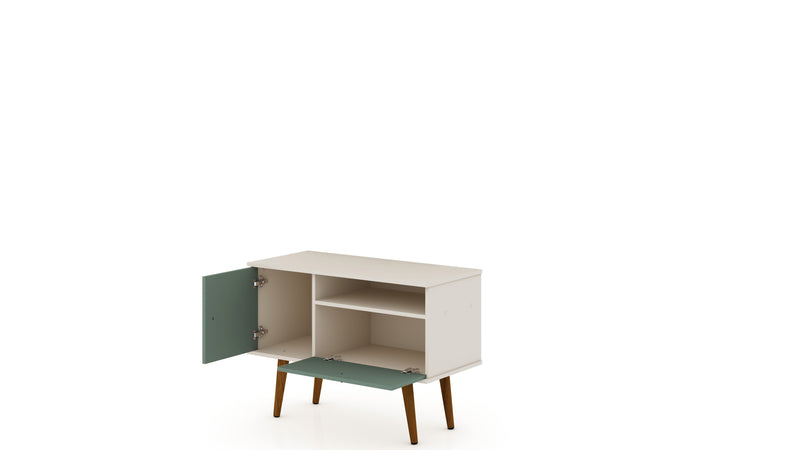 Manhattan Comfort Tribeca 35.43\" Mid-Century Modern TV Stand with Solid Wood Legs - Off White & Green Mint