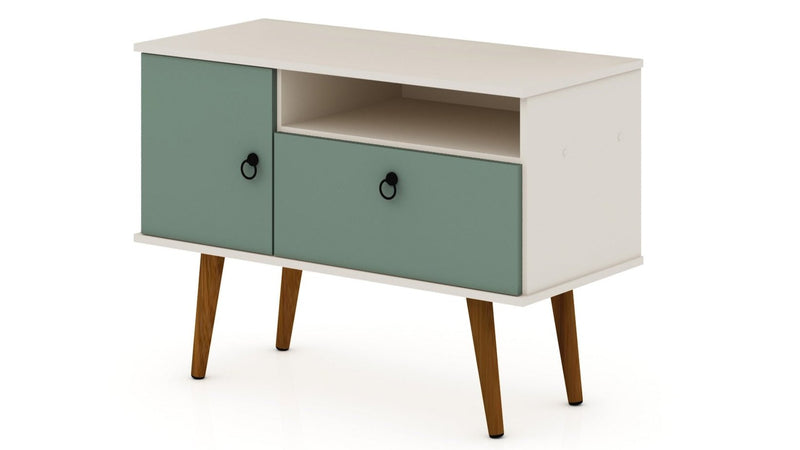 Manhattan Comfort Tribeca 35.43\" Mid-Century Modern TV Stand with Solid Wood Legs - Off White & Green Mint