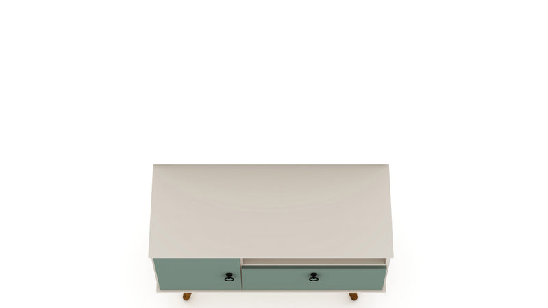 Manhattan Comfort Tribeca 35.43\" Mid-Century Modern TV Stand with Solid Wood Legs - Off White & Green Mint