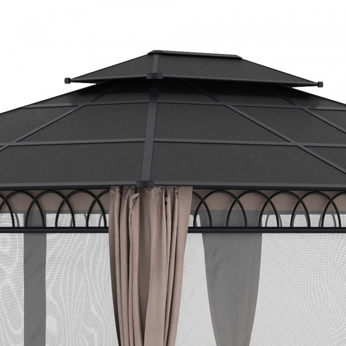 Outsunny 10' X 12' Outdoor Gazebo Canopy, Double roof Hardtop Gazebo With polycarbonate Roof, Steel Frame, Nettings and curtains, For garden, lawn, backyard and deck, Khaki