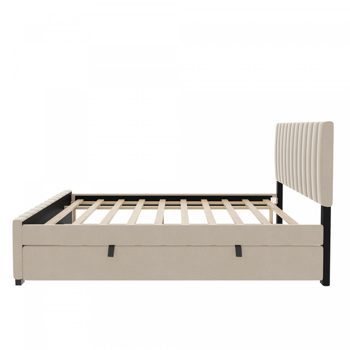 Ethan Space-Saving Velvet Upholstered Platform Bed with Trundle,Full Size,Beige Full Bed