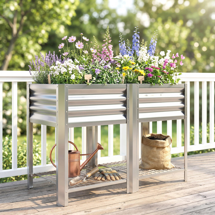 Outsunny Raised Garden Bed with Storage Shelf 31.5\", Silver