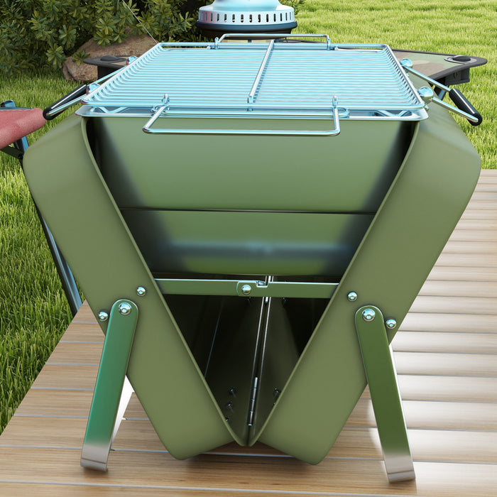 Outsunny Portable Mini Charcoal Barbecue Grill with Suitcase Shell, Outdoor Folding Tabletop BBQ Grill for Garden Camping Picnic Party, Green