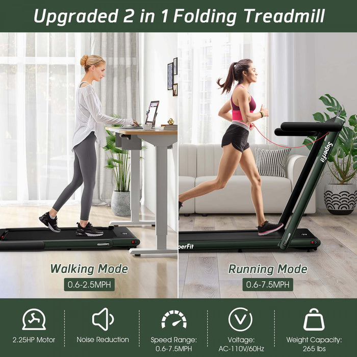 Superfit 2.25hp 2 In 1 Dual Display Folding Treadmill Jogging Machine W/app Control Green