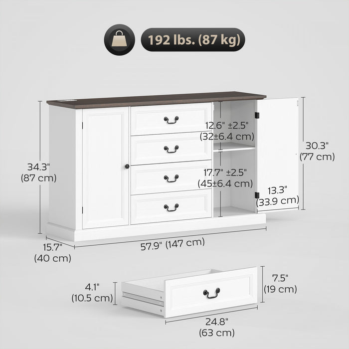 HOMCOM 58\" Sideboard Buffet Cabinet with Charging Station White Wood Grain