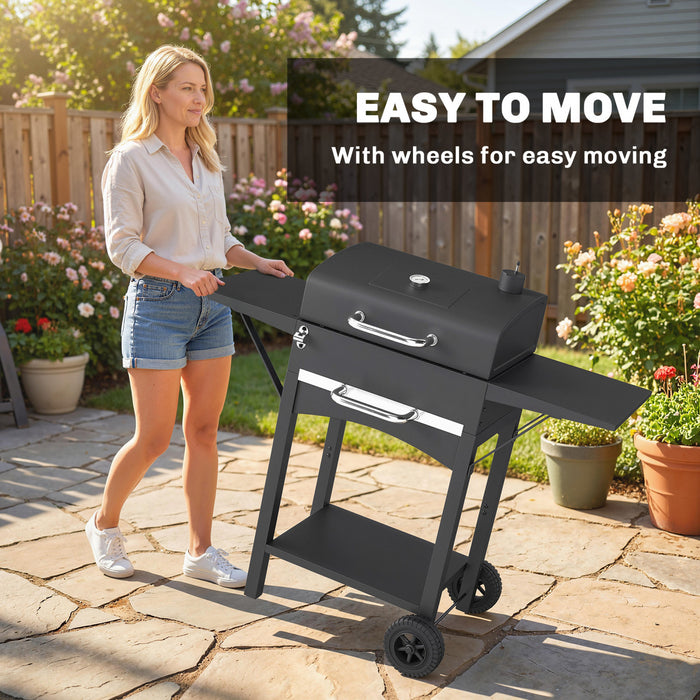 Outsunny Charcoal BBQ Grill with 2 Shelves, Barbecue Grill with Warming Rack, Lid Thermometer, Wheels for Outdoor Cooking, Patio Backyard Party, Black