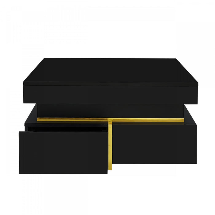 Ava High-Gloss Coffee Table with Storage Drawers and Gold Accents,Black