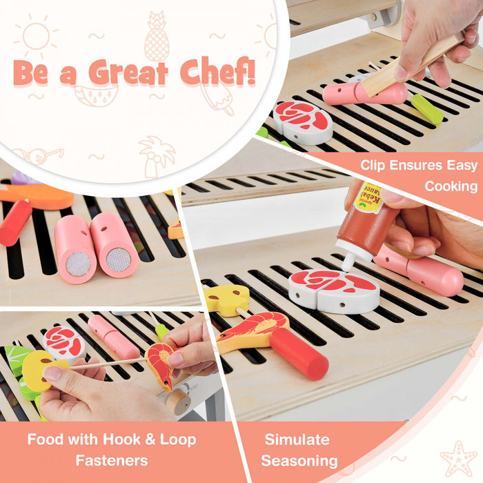 Costway Kids Barbecue Grill Playset, Wooden Kitchen Playset With Clip 4 Bbq Poles