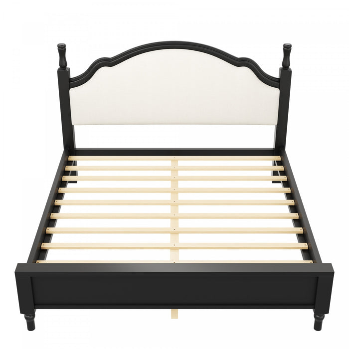 Miles Queen Size Wood Platform Bed with Curved Upholstered Headboard, Black