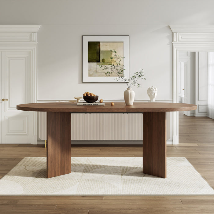 Ovalux 79 Inch Modern Oval Dining Table with Dual Pedestal Base and Wood Finish, Walnut