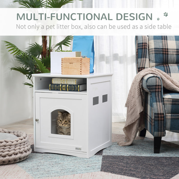 Pawhut Cat Litter Box Enclosure Hidden Cabinet Cat Furniture Indoor Cat Washroom Nightstand End Table With Cat-sized Hole Wide Tabletop Storage Shelf White