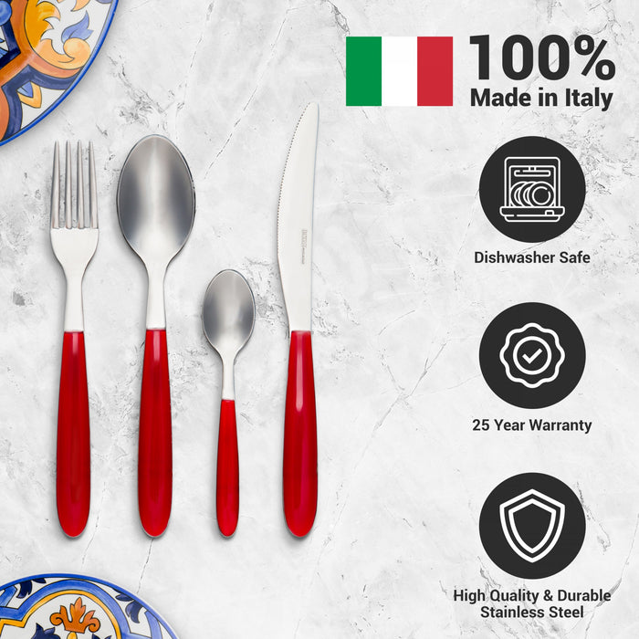 Arimi Nilu Italian Stainless Steel 24 Piece Flatware Set - Service For 6 - Red Handle