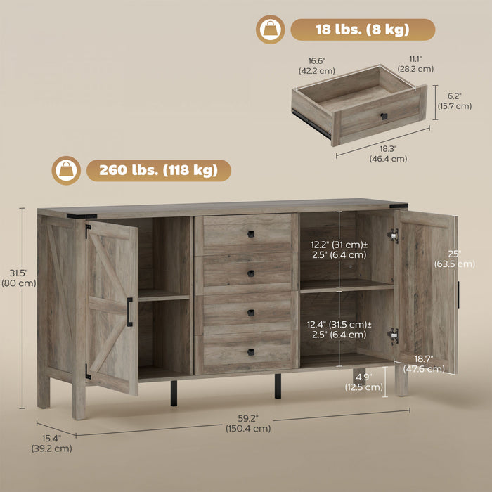 HOMCOM 59\" Farmhouse Sideboard Buffet Cabinet with 2 Barn Doors, Grey