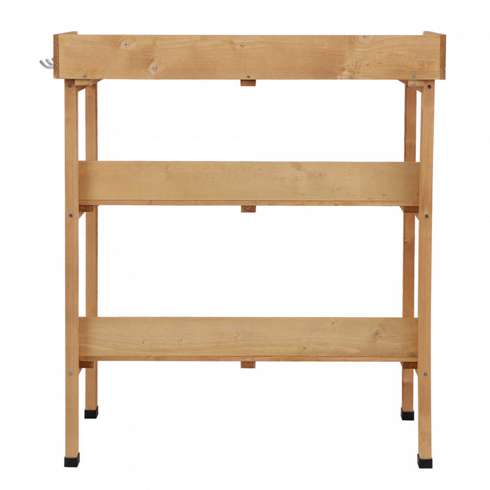 Outsunny Outdoor Potting Bench, Wooden Potting Table W/ Hooks, Natural