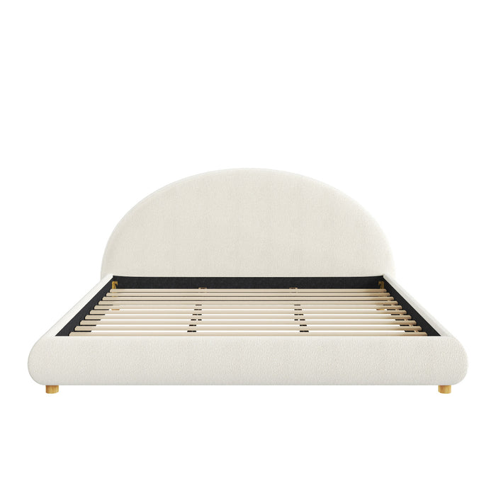 Harold Platform Bed with Boucle Upholstered Round Curved Headboard and Low-Profile Frame,King Size,White King Bed