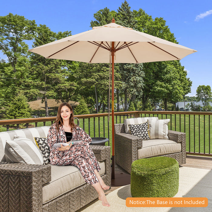 Costway 9.5 FT Patio Rope Pulley Wooden Umbrella Market w/Fiberglass Ribs Outdoor Beige