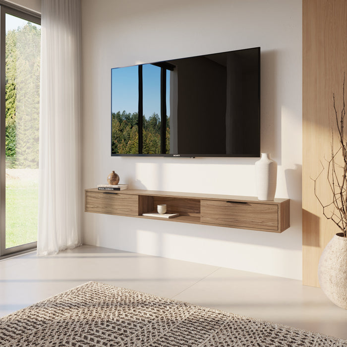 Nordika Slim 72\" Wall-Mounted TV Stand with 2 Storage Cabinets - Light Walnut
