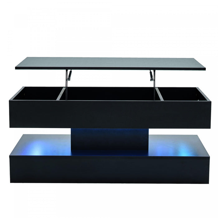 Flexi 39.9 Inch Hydraulic Lift-Top Coffee Table with LED Lighting and Hidden Storage, Black
