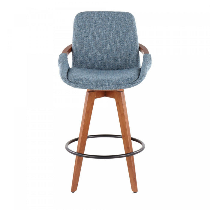 LumiSource Cosmo Fabric Mid-Century Counter-Height Stool - Walnut/Blue