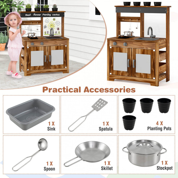 Costway Kids Mud Kitchen Set With Removable Sink Faucet Dual Stoves 4 Planting Pots