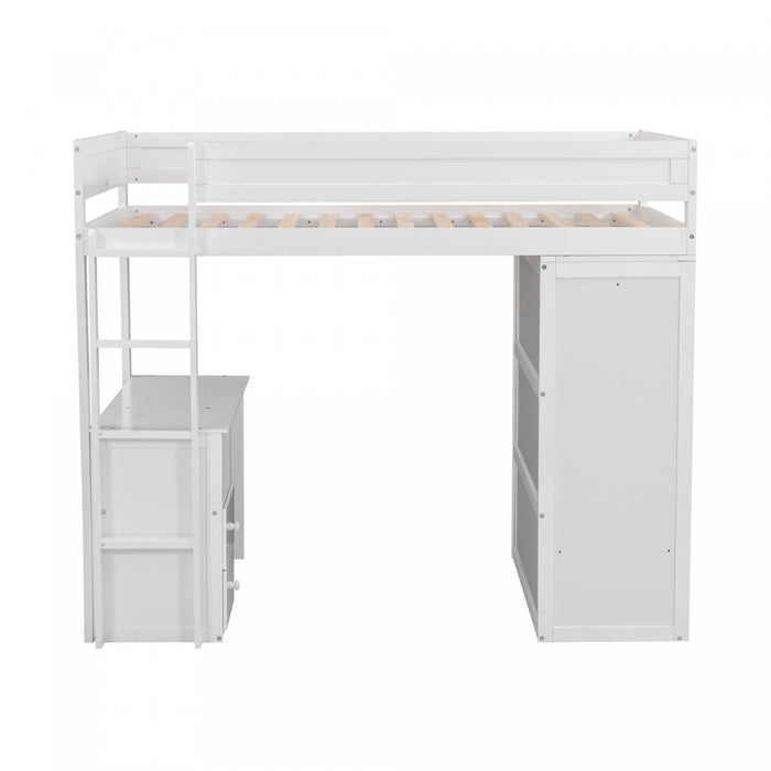 Jeffrey Solid Wood Loft Bed With Wardrobe, Desk And Drawers, Twin Size,white