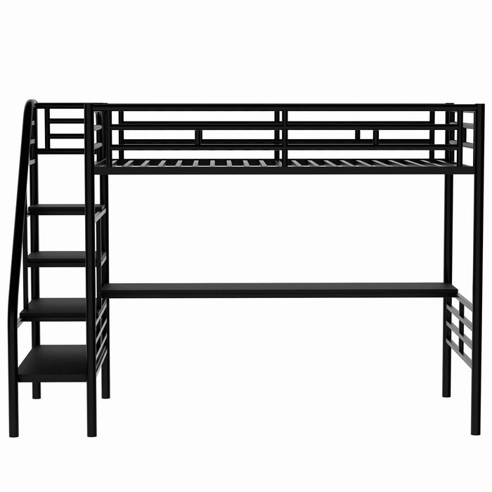 Cherry Twin Loft Space-saving Metal Bed With Desk, Led Light, Black