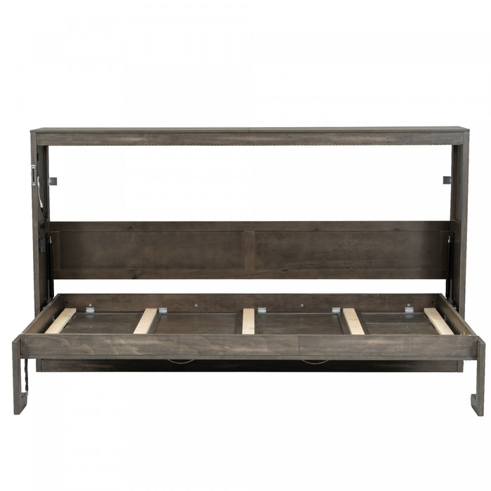 Olivia Solid Wood Murphy Bed with LED Light and Foldable Cabinet,Twin Size,Brown Twin Bed