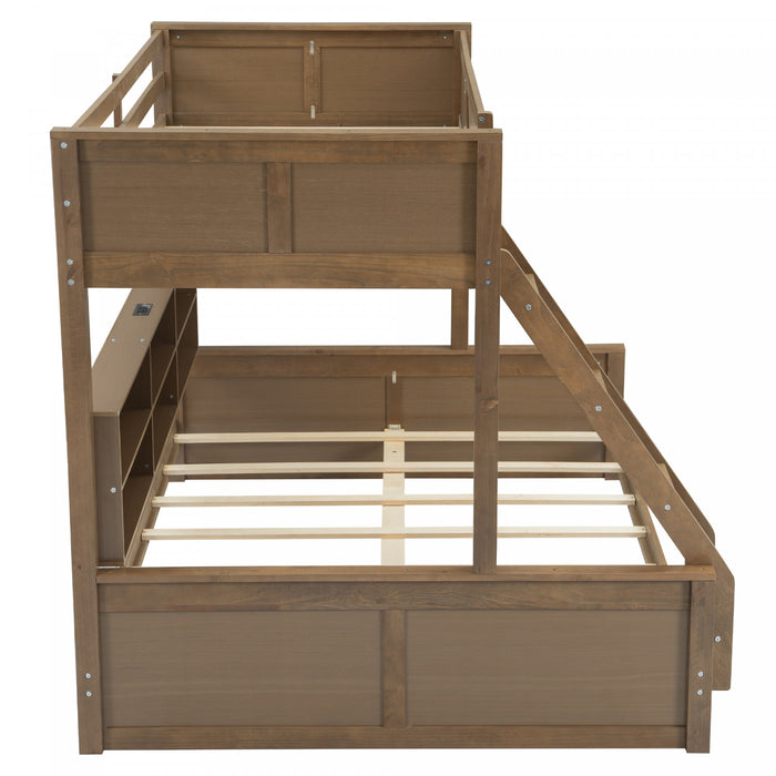 Liam Solid Wood Twin XL Over Queen Bunk Bed with Storage & USB Ports, Brown
