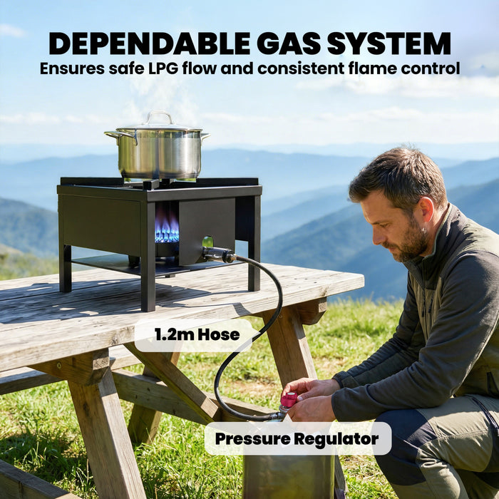 Outsunny Camping Stove, 65000 BTU High Pressure Propane Stove Outdoor Burner with Detachable Burner and Metal Frame for Outdoor Cooking, Includes Regulator and Hose, Black