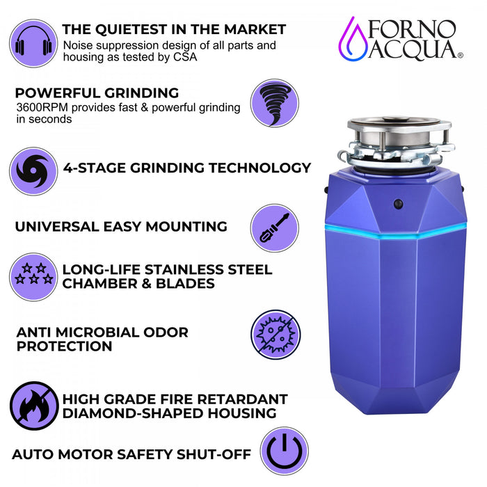 BrightDIAMOND 1HP Quietest Waste Disposer, LED Cabinet Light, Corded & Air Switch, Amethyst - WDD100TA1AM Food Disposer