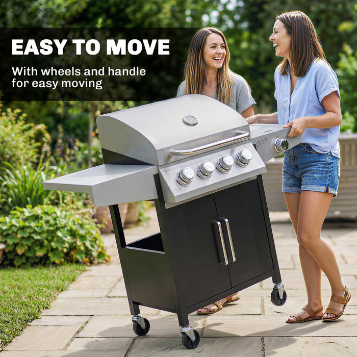 Outsunny 4+1 Burner Liquid Propane Gas Grill, 48,000 BTU Outdoor Portable BBQ Grill with Side Burner, Warming Rack, Side Shelf, Storage Cabinet, Thermometer, 4 Wheels, Silver