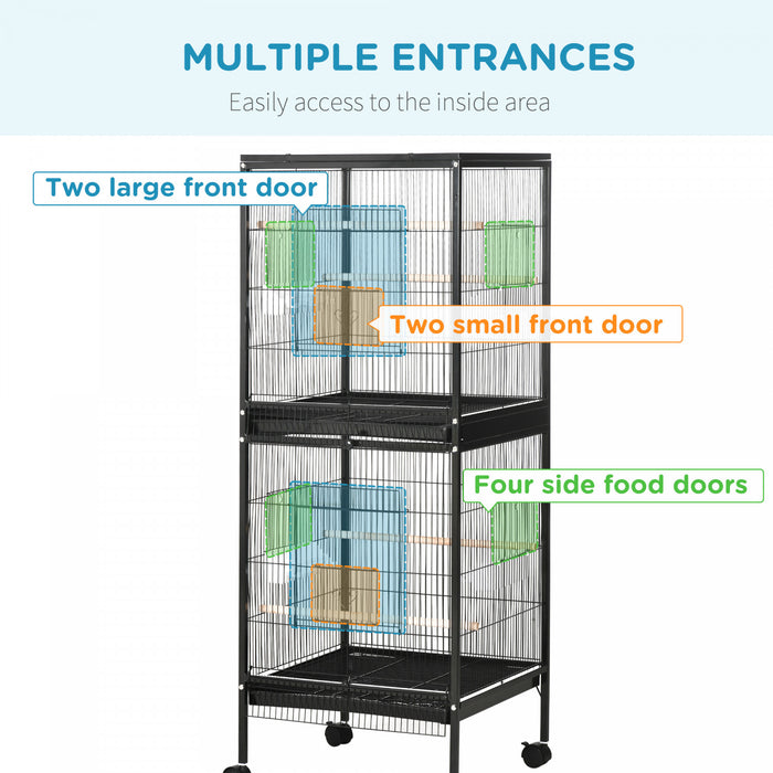 Pawhut 55.1\" 2 In 1 Bird Cage Aviary Parakeet House For Finches, Budgies With Wheels, Slide-out Trays, Wood Perch, Food Containers, Black