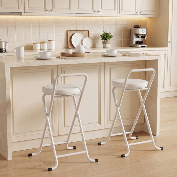 HOMCOM Folding Stools Set of 2, Foldable Bar Stools with PU Seat, White