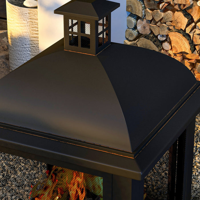 Outsunny 26\" Fire Pit With Poker, Chimney Style Wood Burning Firepit, Black
