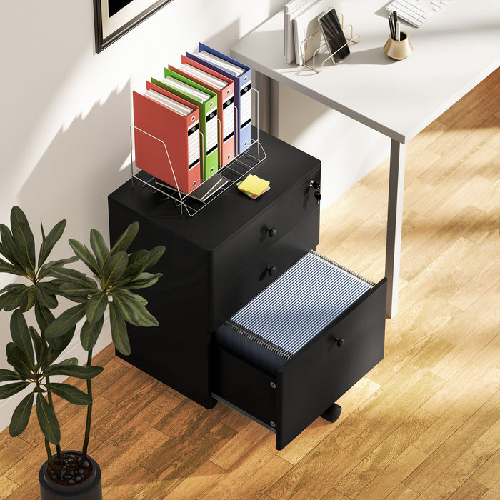 HOMCOM 3-Drawer Filing Cabinet with Lock, Mobile File Cabinet, Black