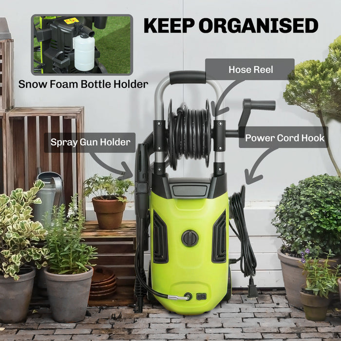 Outsunny Electric Pressure Washer, 1800W High Pressure Washer with 20 ft Outlet Hose, Adjustable Nozzle, 1.9GPM Power Washer with Hose Reel, Steel Handle for Home Patio, Green