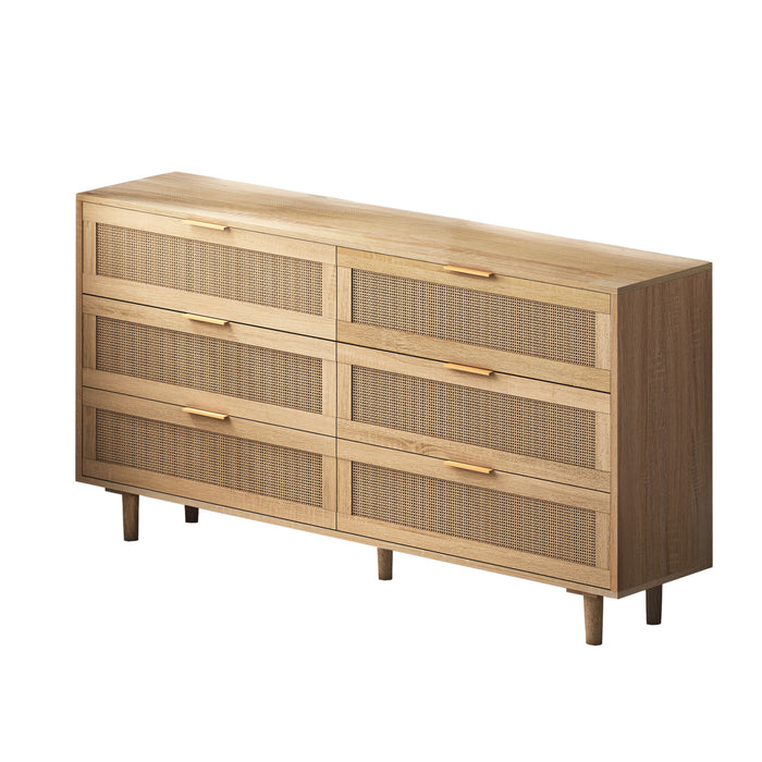 59\" Mila Modern 6 Drawer Rattan Storage Cabinet with Engineered Wood Frame- Natural