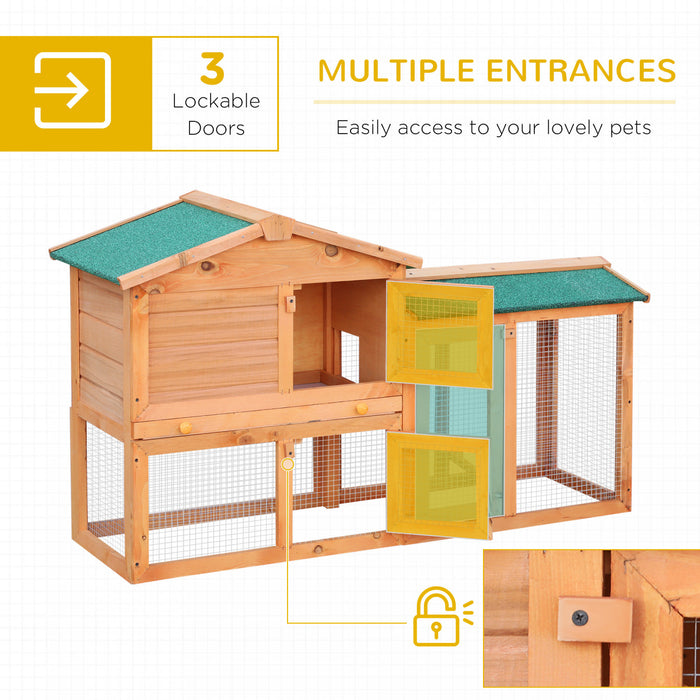 Pawhut Two-level Rabbit Hutch Small Animal House Pet Bunny Cage Home W/ Outdoor Run Water & Uv Resistant Roof Access Ramp Natural Finish Guinea Pig Bunny Hamster Habitat