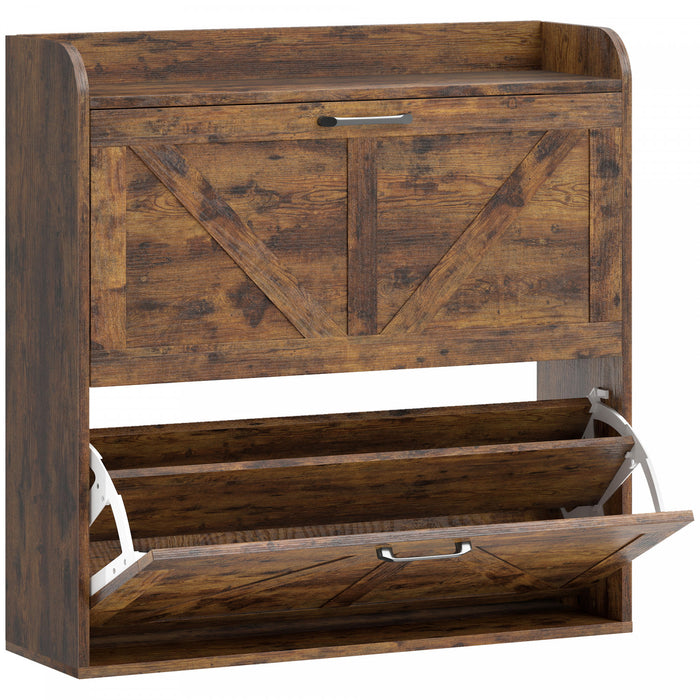HOMCOM Narrow Shoe Cabinet 2 Flip Drawer Shoe Storage Cabinet, Rustic Brown