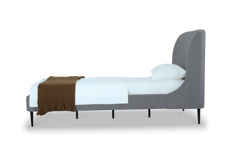 Heather Mid-Century Modern Velvet Upholstered Twin Bed in Gray and Black
