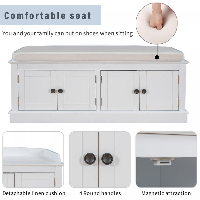 Daniel Solid Wood Storage Bench With 4-door Shoe Cabinet With Adjustable Shelves - White