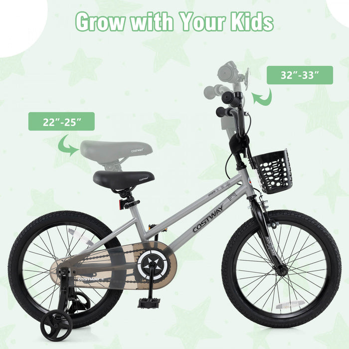 Costway 16\" Kid's Bike With Training Wheels Adjustable Handlebar & Seat Handbrake Silver