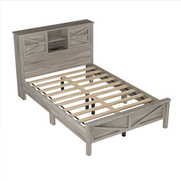 Madison Bedroom Set Farmhouse Platform Bed with Storage and Charging Station,Full Size，Grey Full Bed