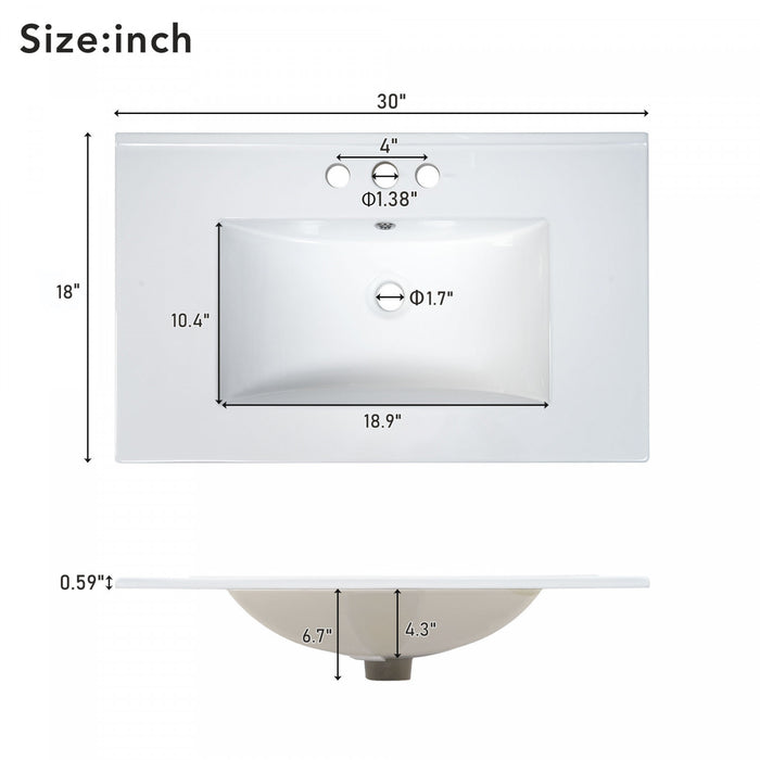 Emerson 30 Inch Bathroom Vanity with Ceramic Sink and Three Drawers, Grey