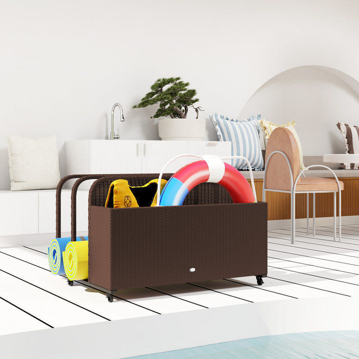 Rolling Pool Storage Rattan Outdoor Storage Wicker Organizer, Brown