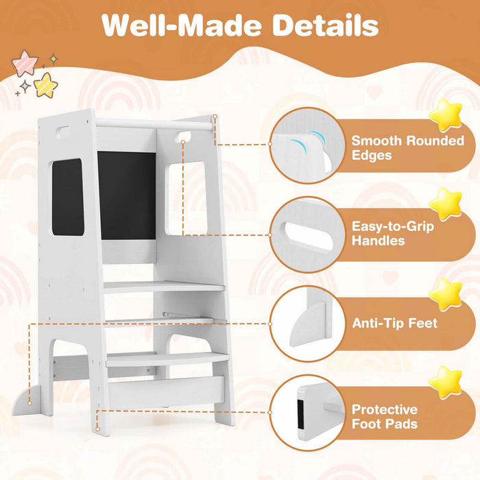 Costway Toddler Kitchen Step Stool With Activity Chalkboard Adjustable Height & Safety Rail White