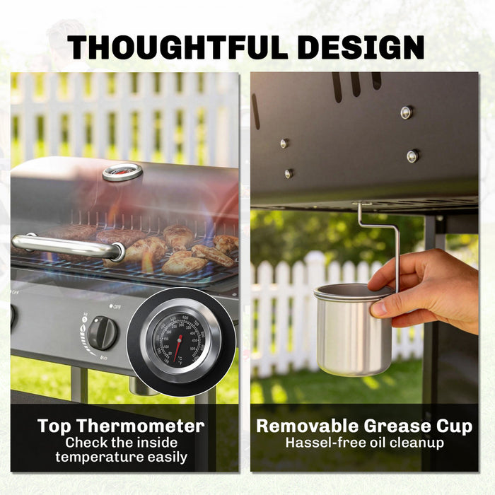 Outsunny 2-Burner Propane Gas Grill, 18000 BTU Outdoor BBQ Grill with Warming Rack, Shelf, Thermometer, Grease Cup, Barbeque for Backyard Patio, Black