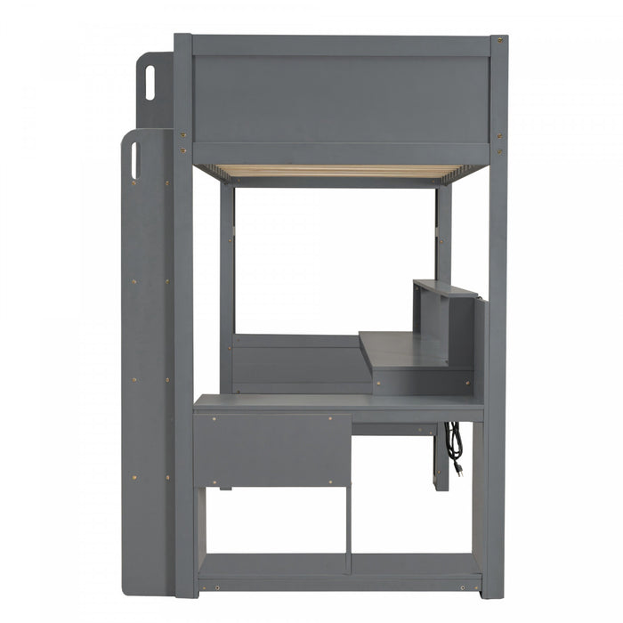 Jackson Twin Solid Wood Loft Bed With Desk, Multi-storage Shelves, Led And Charging Station, Dark Grey